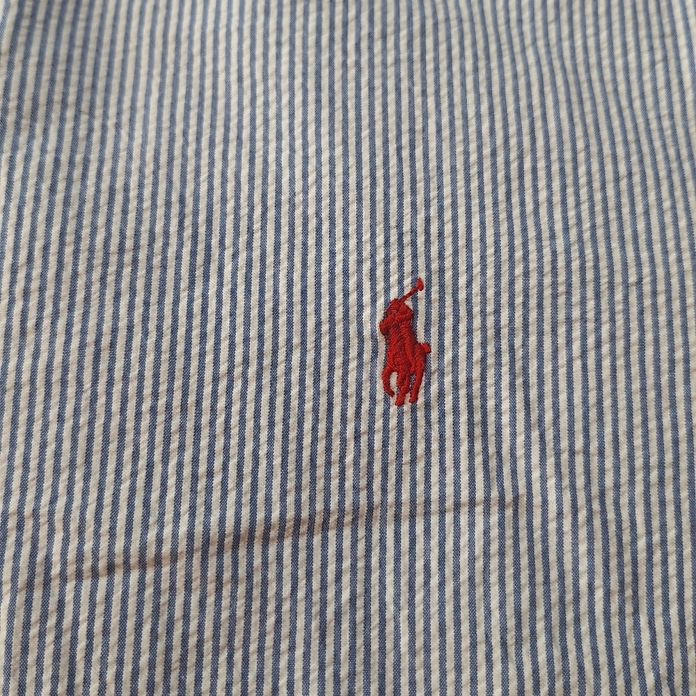 Polo Ralph Lauren Mens Blue White Striped Seersucker Short Sleeve Shirt Large - Picture 3 of 7